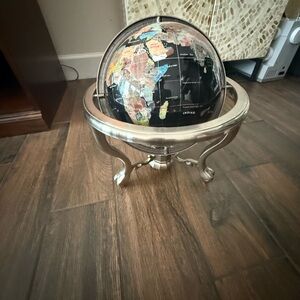 Silver Gem Globe with Black Multicolor Semi and Precious Gem Inlays Map